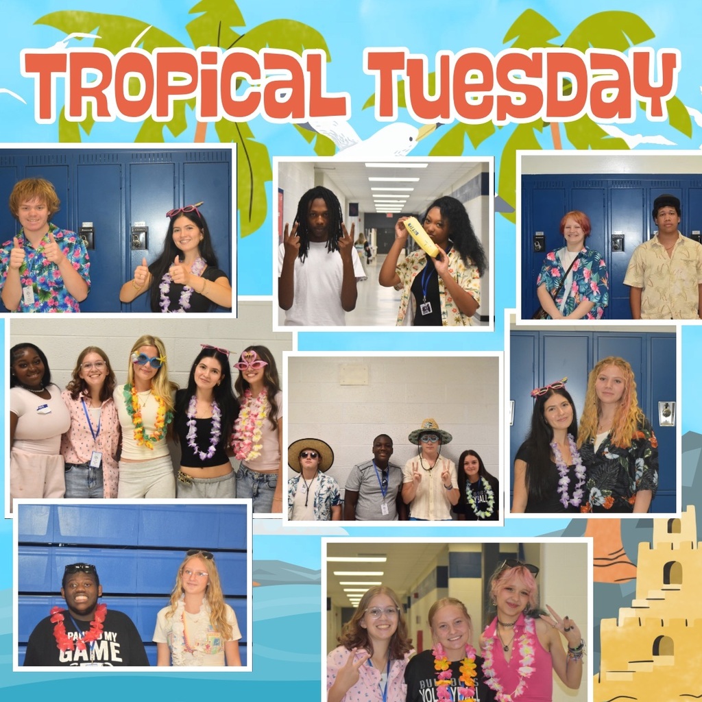 A collage of students wearing tropical attire