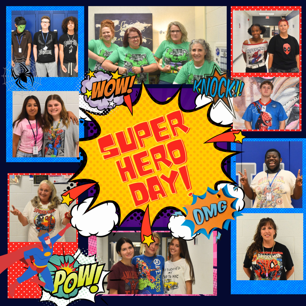 A collage of students and teachers wearing Marvel shirts