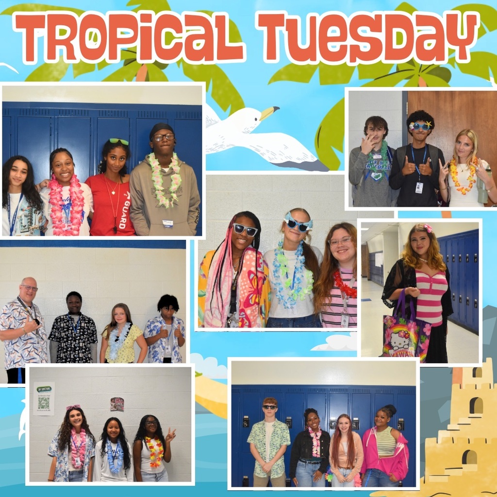 A collage of students wearing tropical attire