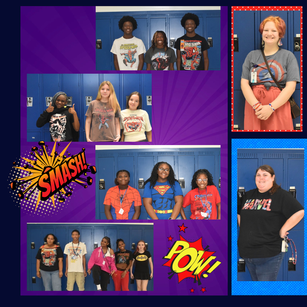 A collage of students and teachers wearing Marvel shirts