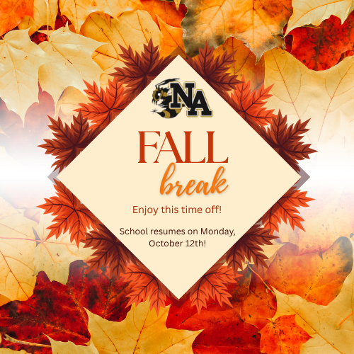 Orange, red, and yellow autumn leaves form a backdrop. Text reads "FALL break. Enjoy this time off! School resumes on Monday, October 12th."