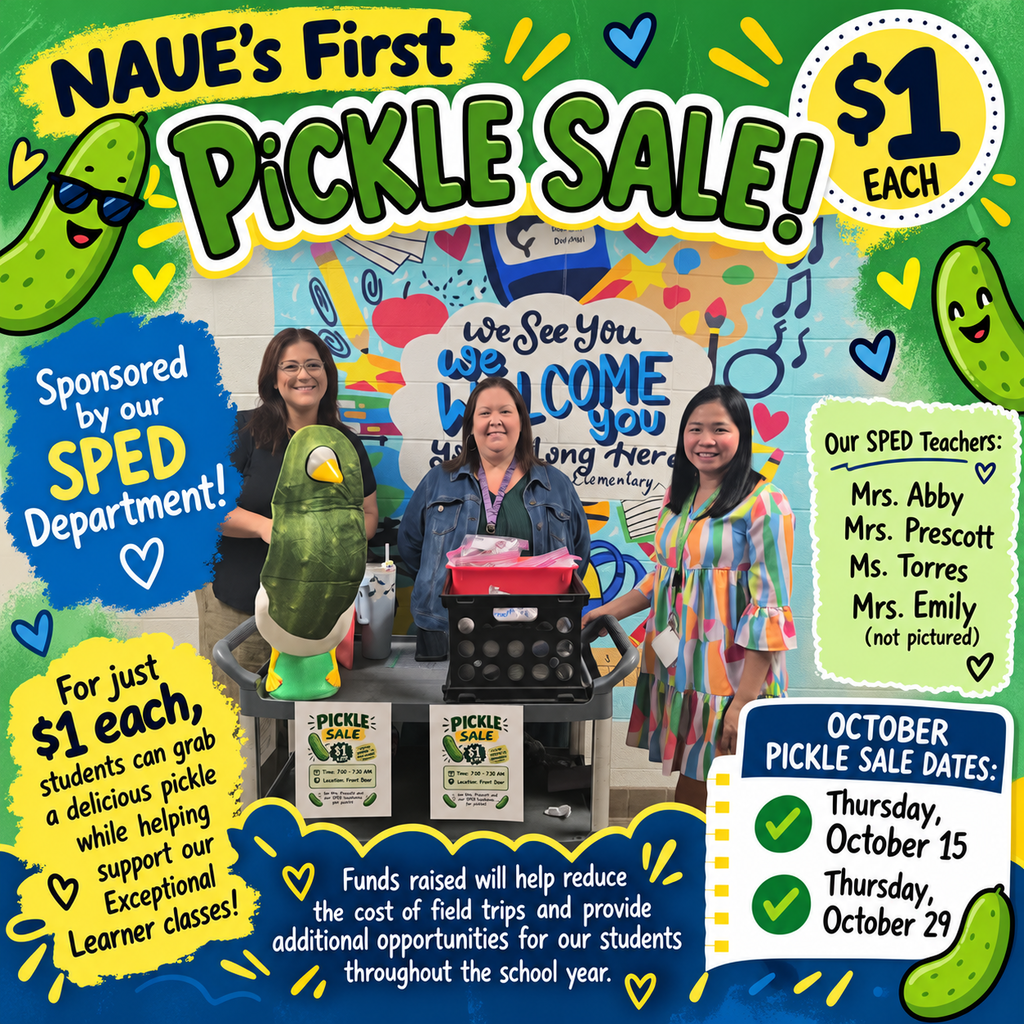 Poster for NAUE Pickle Sale. Four people stand behind a table with pickles and a watermelon.