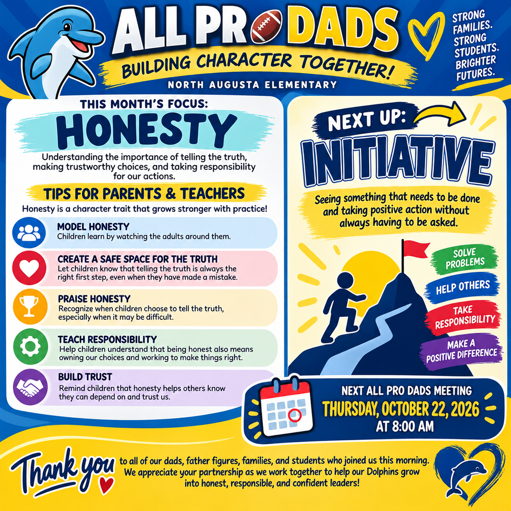 A colorful flyer promotes a school initiative. It highlights 'Honesty' as the month's focus and provides tips for parents and teachers.