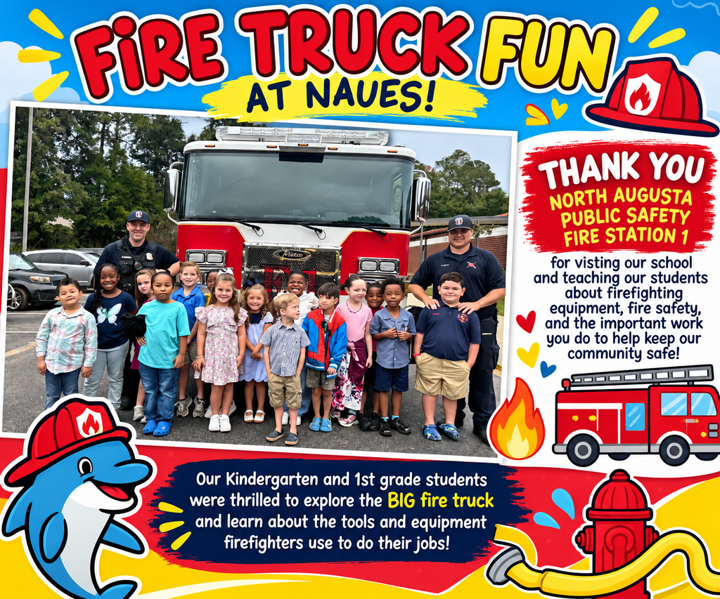 Children in front of a fire truck. A dolphin on the left and a fire hydrant on the right.