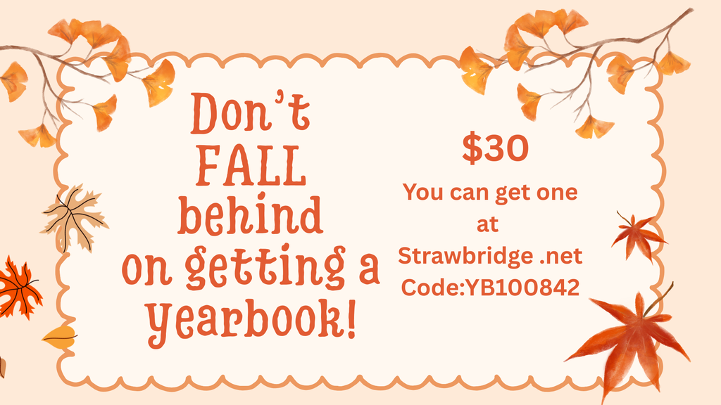 Text "Don't FALL behind on getting a yearbook!" and "$30" with a leaf border. The website is Strawbridge.net and the code is YB100842.