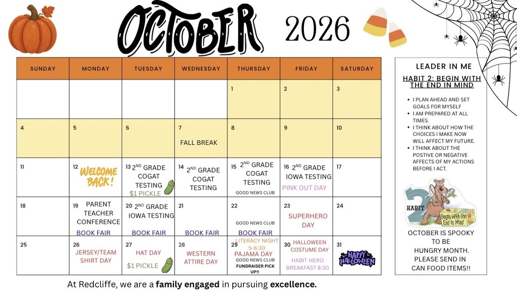Calendar for October 2026. Pumpkins and candy corn in the corners. Table with days of the week.