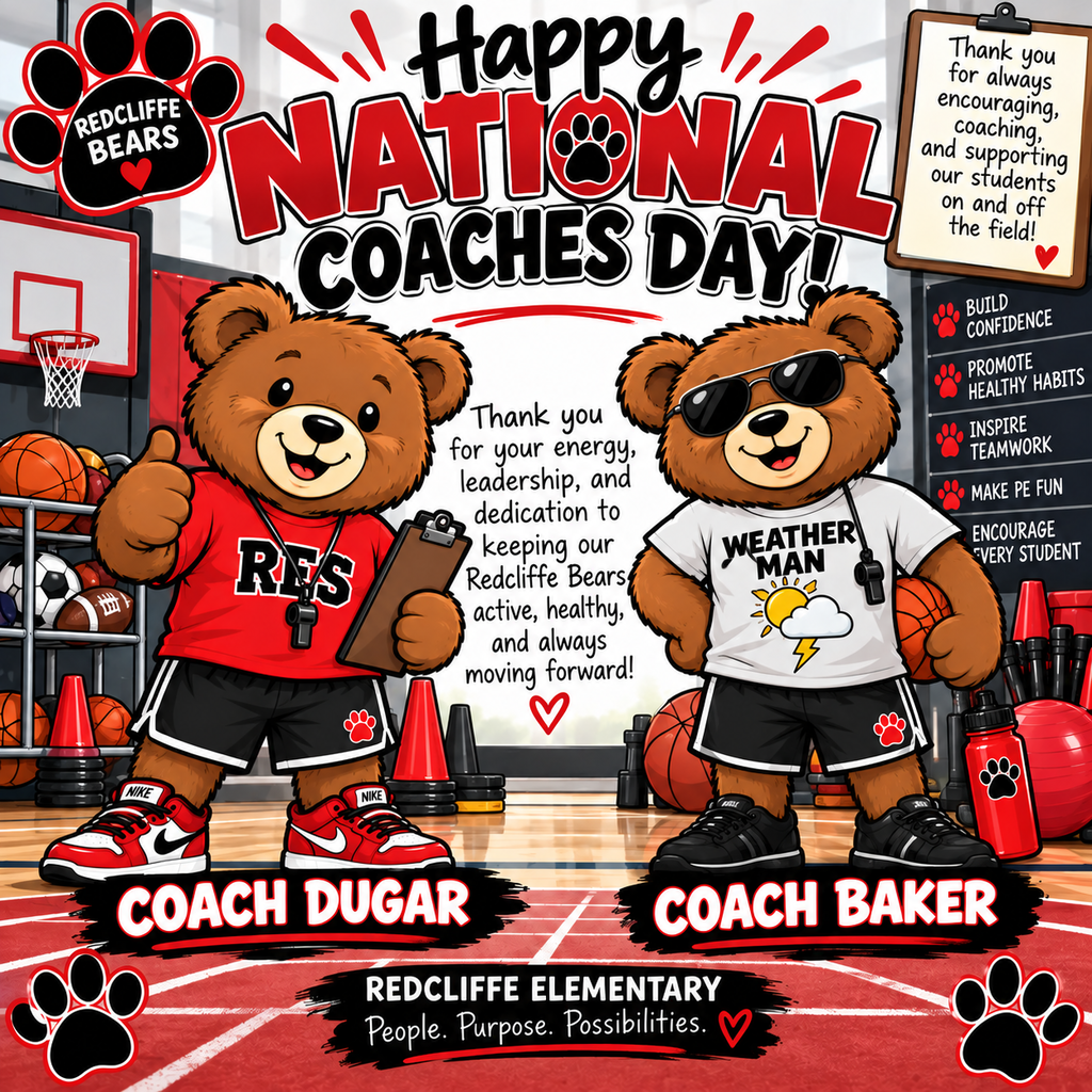 Two mascot bears in sports attire stand on a court with basketballs and traffic cones in the background.