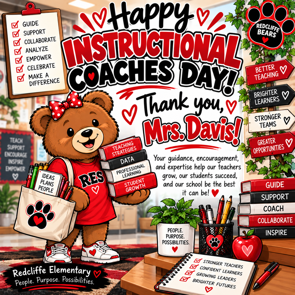 A poster with a bear holding books says "Happy Instructional Coaches Day!" and "Thank you Mrs. Davis!"