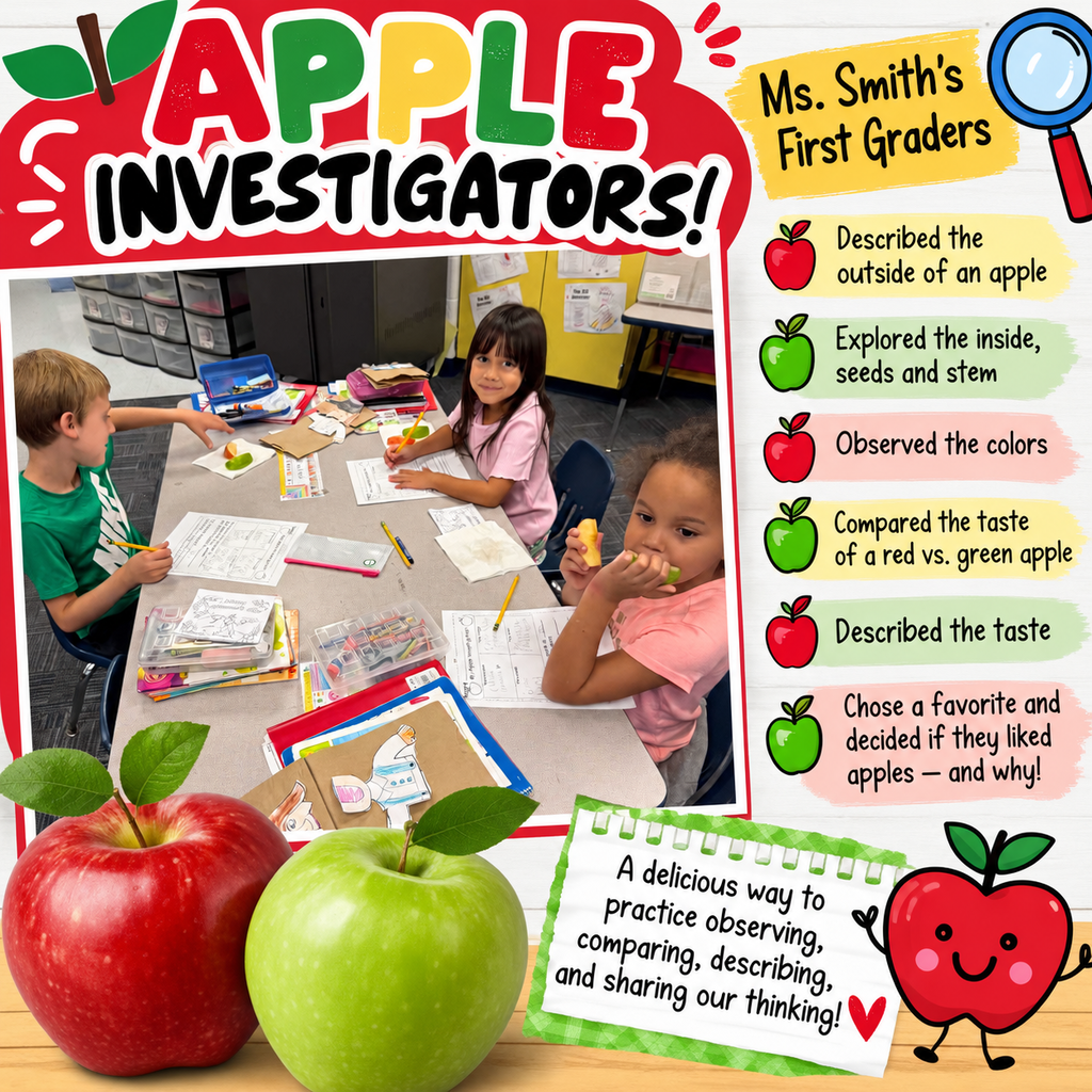 Children seated at a table with apples. Activities include observing, describing, and tasting apples. Bright colors and graphics enhance the educational content.