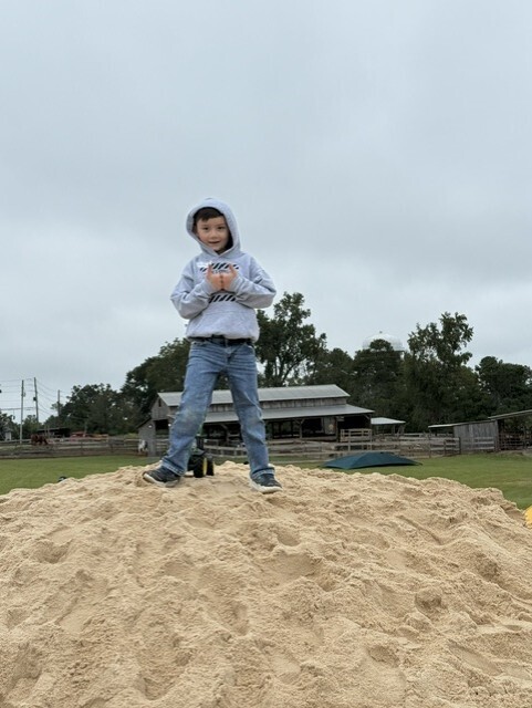 A child stands atop a mound of sand with a building and trees in the background.