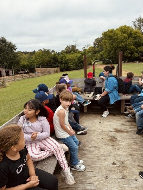 Kids sit on benches on a wooden platform outdoors. A woman stands at the back. Trees and a grassy field are behind them.