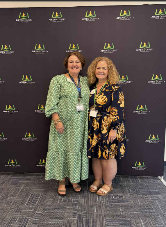 Two women in green and blue dresses standing in front of a wall with logos.