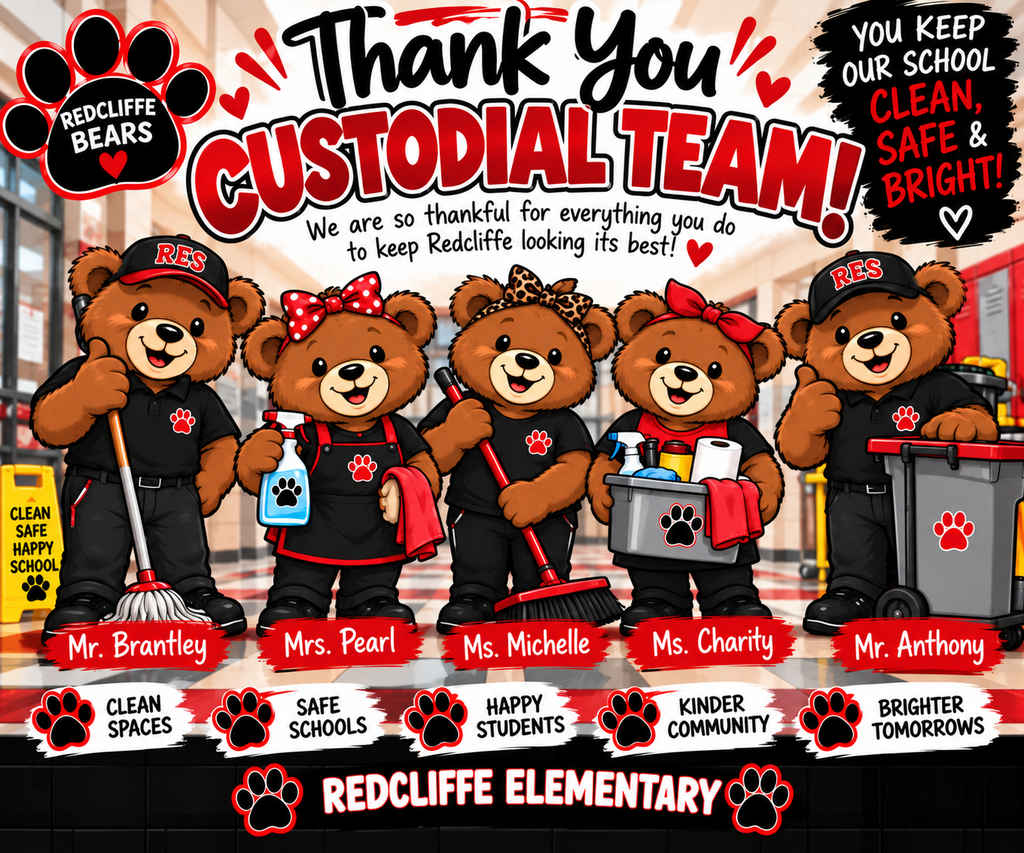 Five cartoon bears in uniforms hold cleaning tools. The text reads "Thank you, Custodial Team!" with a paw print border.