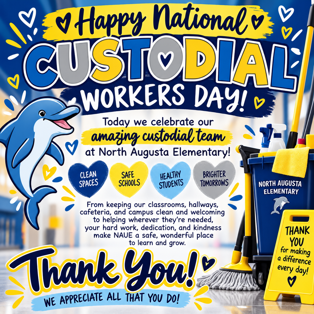 Poster for National Custodial Workers Day. It features a dolphin, a blue trash bin, a broom, and text.