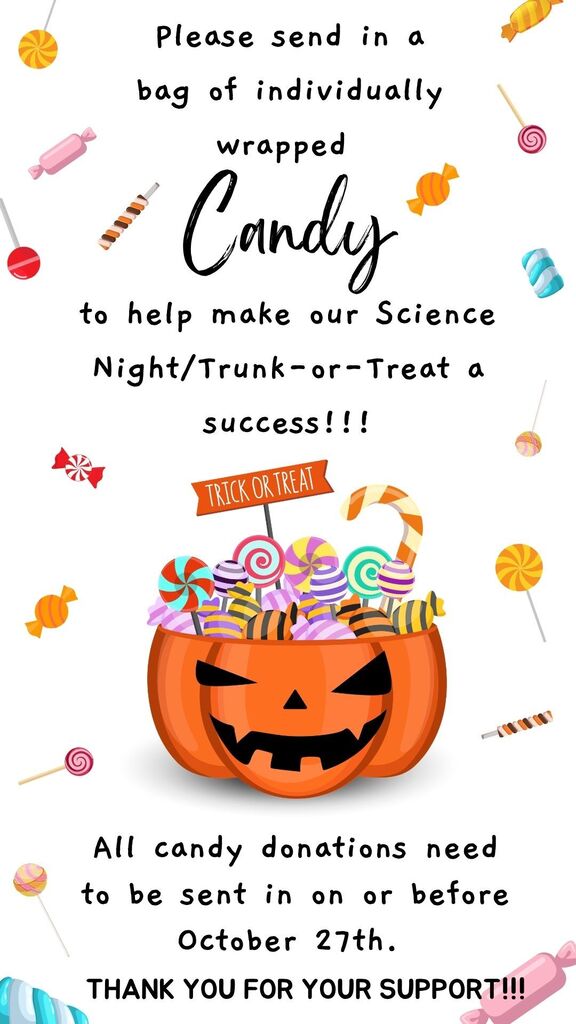 A Halloween invitation asks for candy donations. It features a pumpkin with a scary face, candies, and a "Trick or Treat" sign. Candy bags must be individually wrapped. Deadline is October 27.