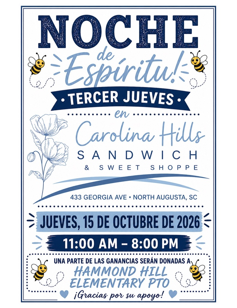 A poster with blue and white colors features the text "Noche de Espíritu!" with bees and flowers. An event will be held at Carolina Hills Sandwich & Sweet Shoppe on October 15, 2026.