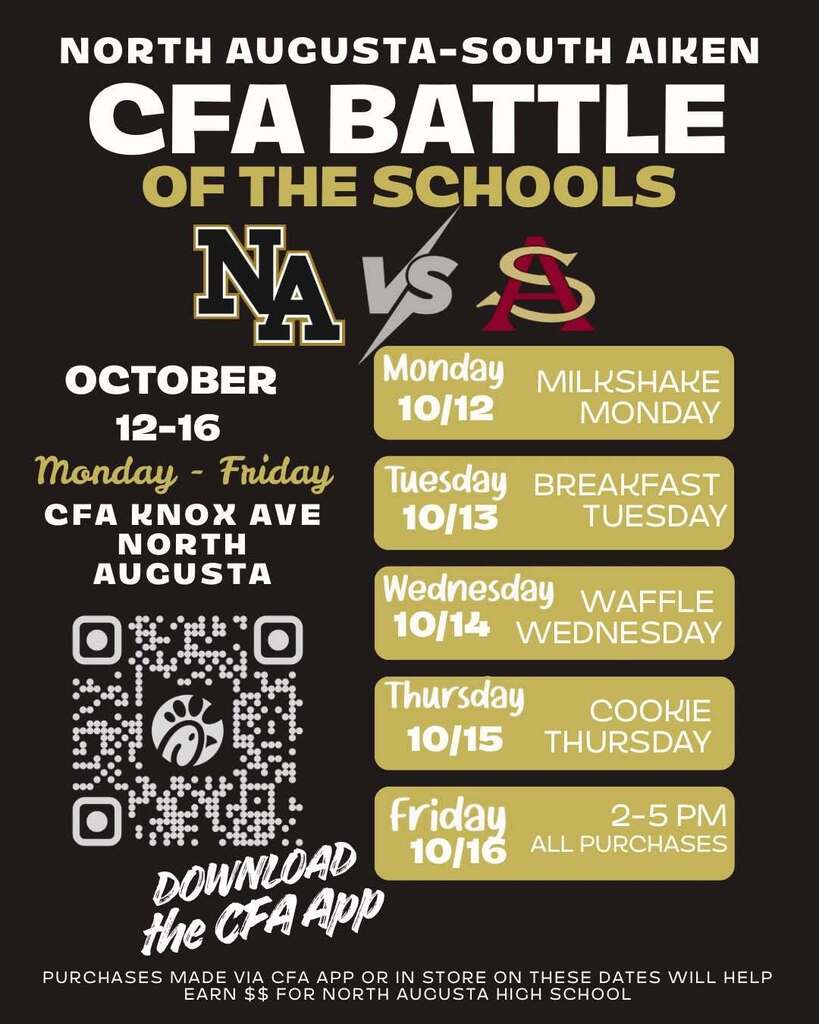 An advertisement for the CFA Battle of the Schools event. Dates and themes include Milkshake Monday, Breakfast Tuesday, Waffle Wednesday, Cookie Thursday, and All Purchases Friday.