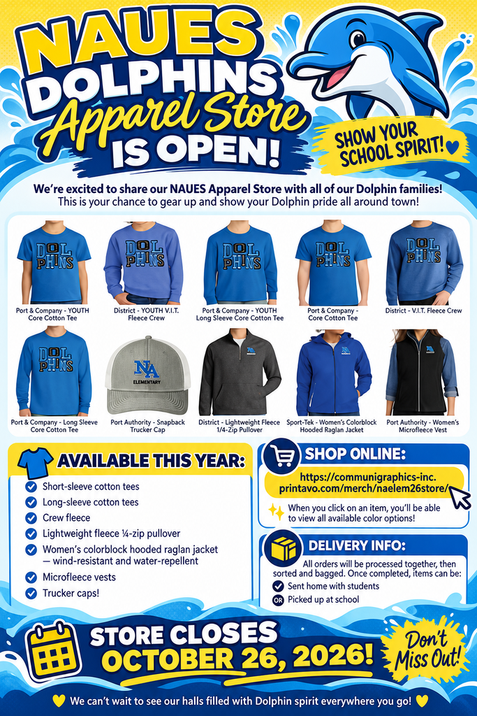 Advertisement for Naues Dolphins Apparel Store. It shows T-shirts, a cap, hoodie, and jacket. It is open until October 26, 2026.
