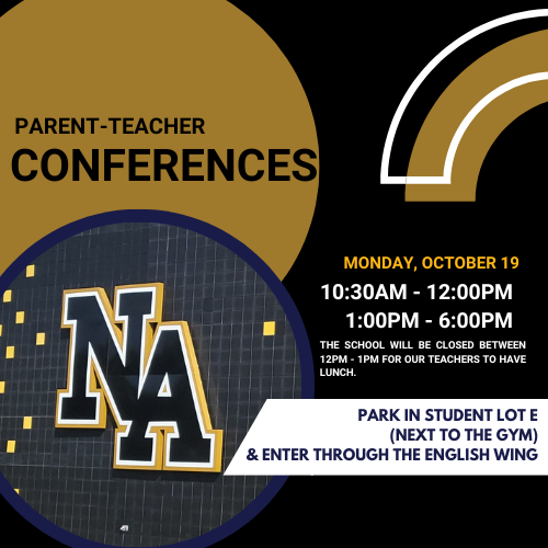 A flyer announces parent-teacher conferences on October 19. Two times are listed: 10:30am-12:00pm and 1:00pm-6:00pm.
