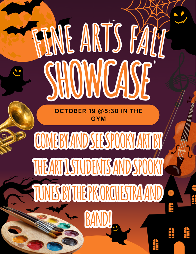 Poster with Halloween theme, featuring bats, a violin, paint palette, and house. "Fine Arts Fall Showcase" text. Date and time.