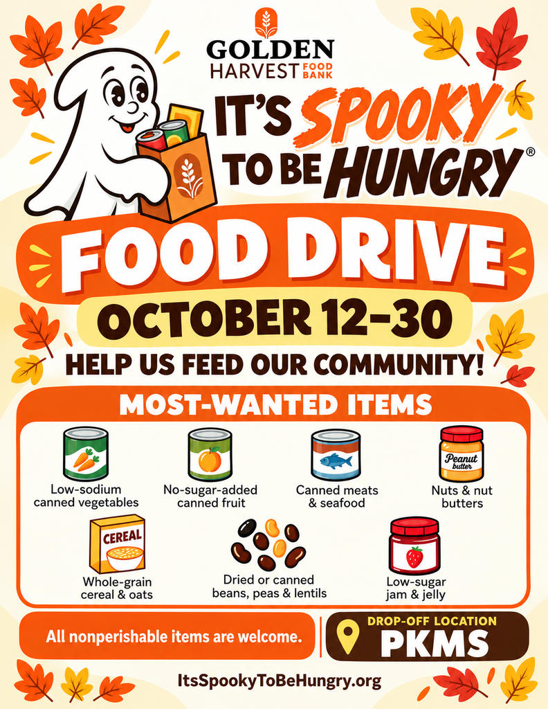 Flyer featuring a ghost mascot holding a box, promoting a food drive from October 12-30. It lists most-wanted items and a drop-off location.