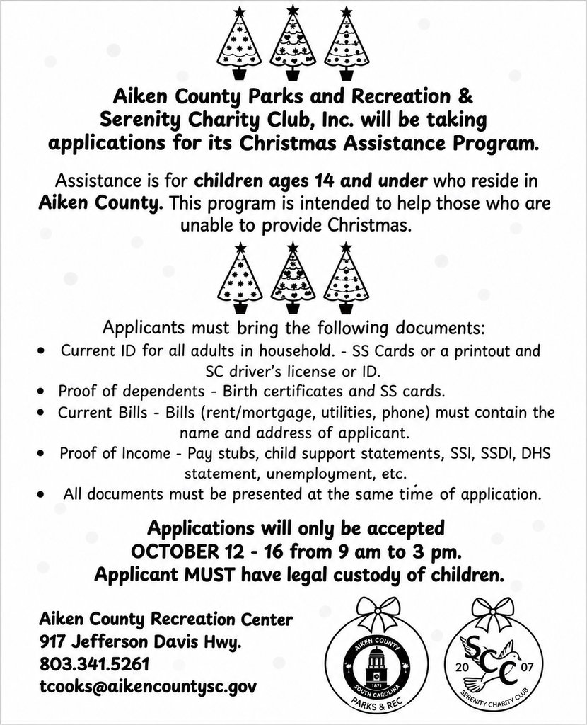 An advertisement for a Christmas Assistance Program at Aiken County Charity Parks. Requirements include proof of age, SS cards, birth certificates, and income documents.