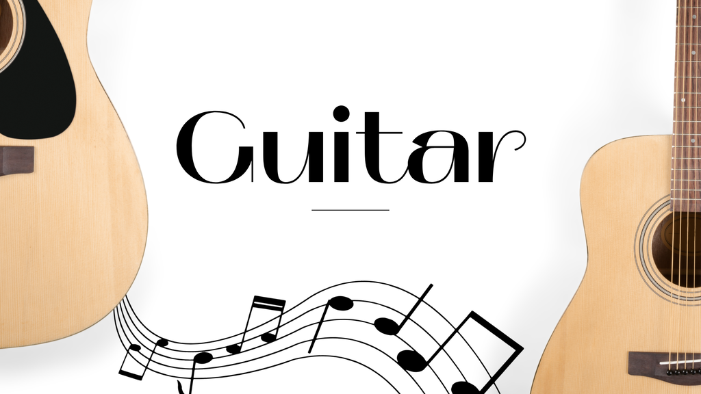 Guitars and musical notes on a white background.