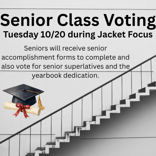 Announcement for senior class voting on October 20. Features a graduation cap, diploma, and staircase.