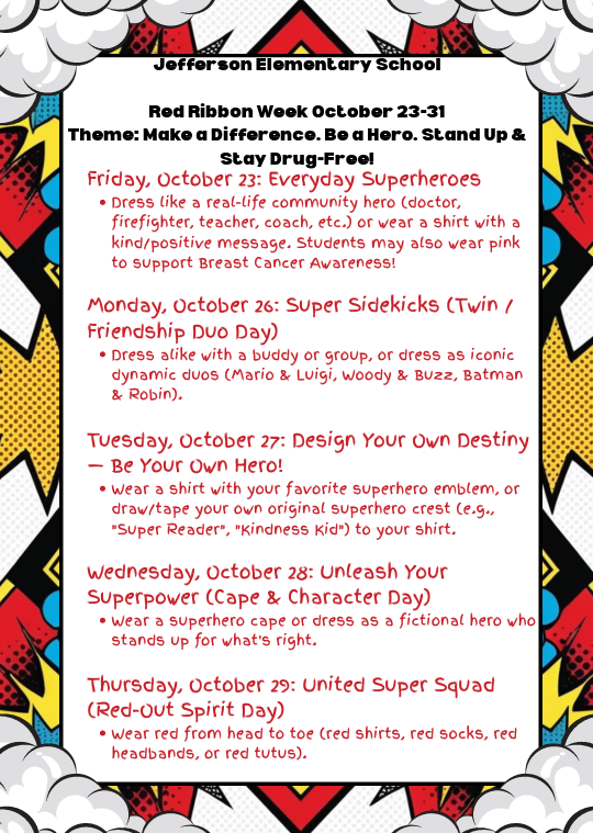 A document displays a weekly schedule for Red Ribbon Week at Jefferson Elementary School. Each day has a theme and suggested attire.