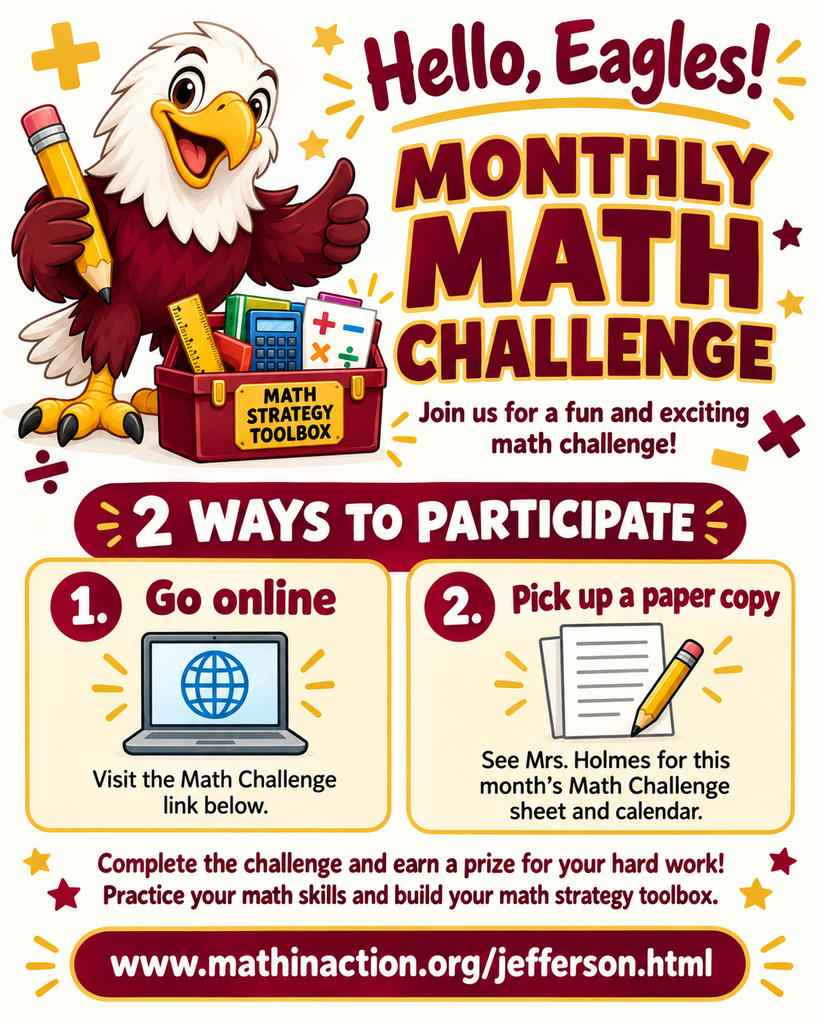 An eagle holds a pencil over a box labeled "Math Strategy Toolbox" with text about a monthly math challenge.