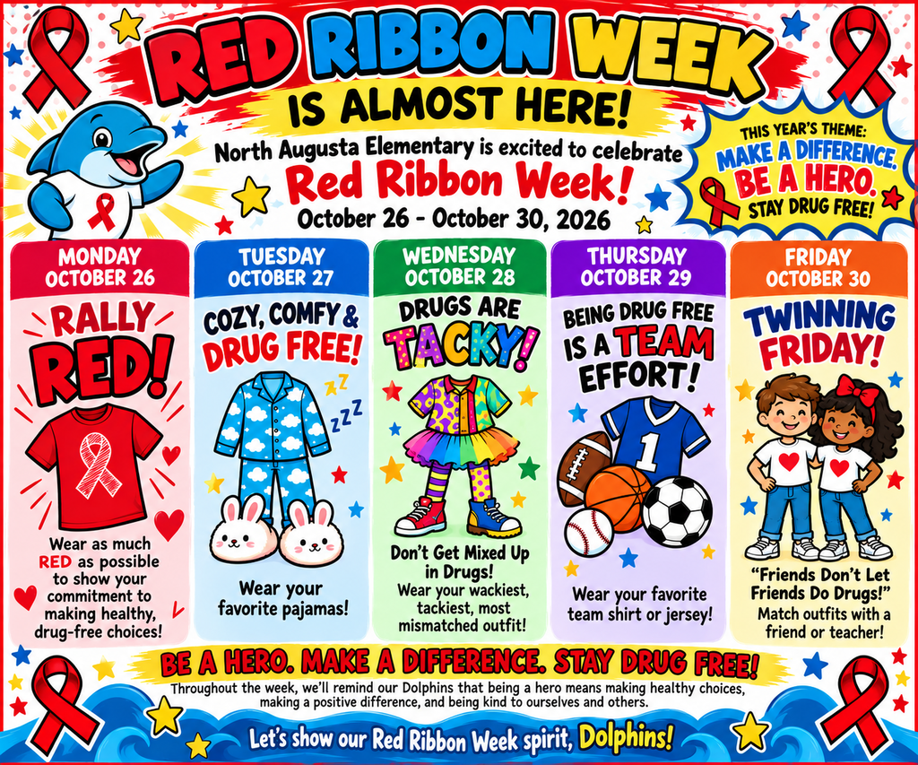 A poster features days of Red Ribbon Week with themes like "Rally Red!", "Twining Friday", and a dolphin.