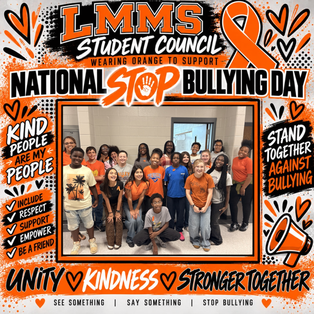 Students stand together wearing orange shirts, forming a circle for a photograph. Banners with words "Kindness" and "Stronger Together" are displayed.