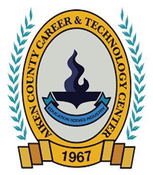 Circular emblem with a flame and text "Atlanta County Career & Technology Center Education Serves Industry" on a white background.