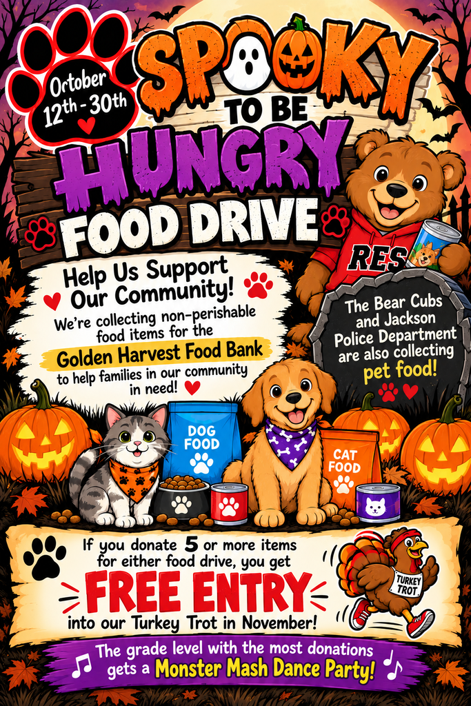 Poster with Halloween theme, showing pumpkins, a turkey, and pets. It says "Spooky to be Hungry Food Drive" and invites donations.