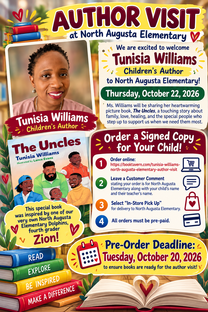 A flyer announces author visit by Tunisia Williams, a children's author, on October 22, 2026. Instructions for ordering a signed book are provided.