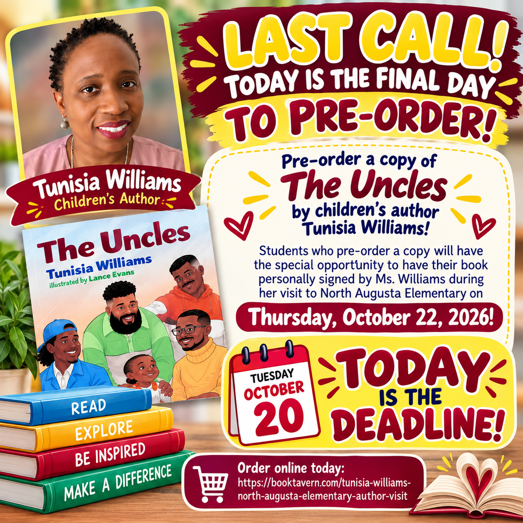 A flyer features a woman and text: "Last call! Final day to pre-order The Uncles by Tunisia Williams."