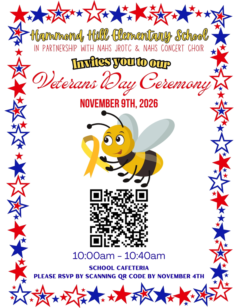 Invitation with stars and stripes border, a bee holding a yellow ribbon, and details about a Veterans Day ceremony.