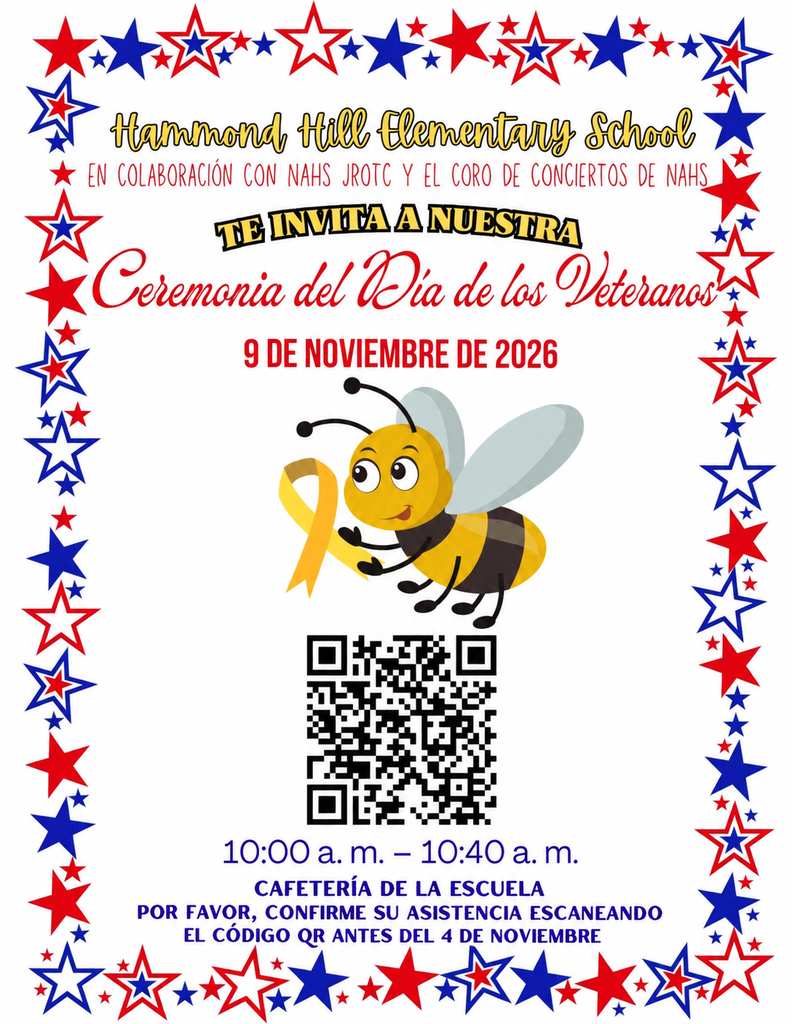Invitation for Veterans Day event at Hammond Hill Elementary. Features a bee wearing a yellow ribbon, QR code, and event details.