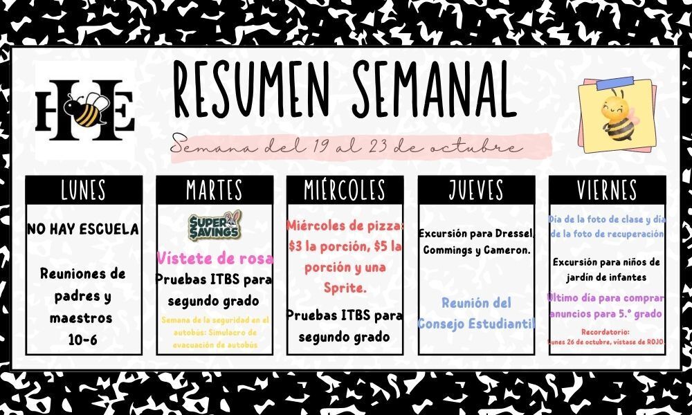 Black, white, and yellow text on a white background. Days of the week listed vertically. First day reads "No hay escuela."