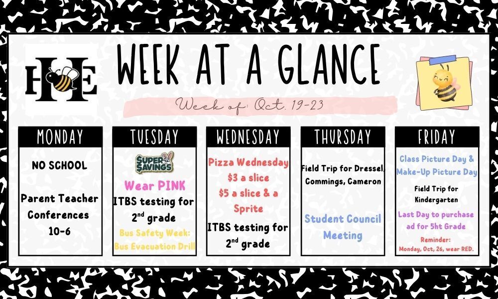 Black and white text on a white background. Text reads "Week at a glance" and includes a weekly schedule.