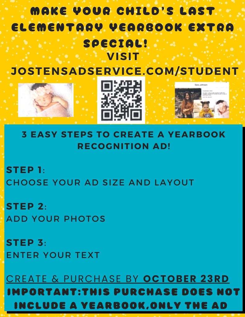 Bright yellow background. Three steps to create a recognition ad. QR code in middle. Photo of baby at top left.