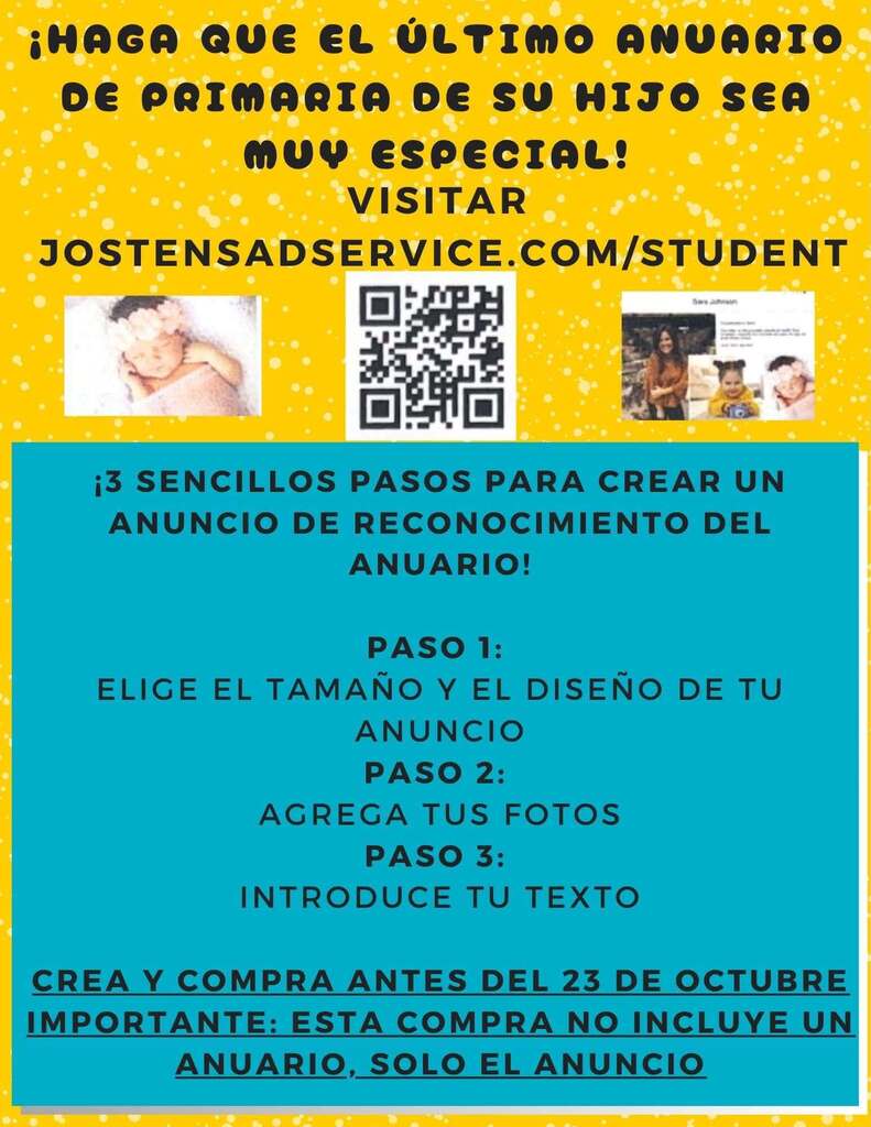 Bright yellow and blue poster with text and images. QR code at top center. Three steps to create an announcement.