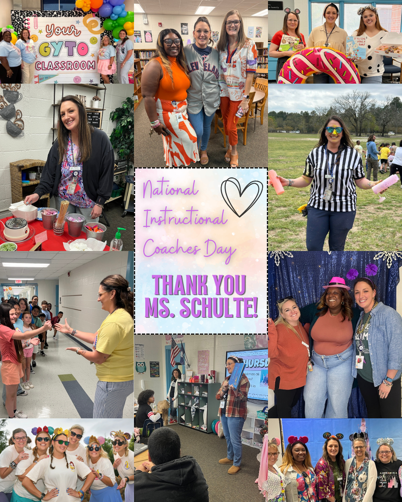 Collage of photos with adults. A heart shape with text. Caption reads: "National Instructional Coaches Day. Thank you, Ms. Schulte!"