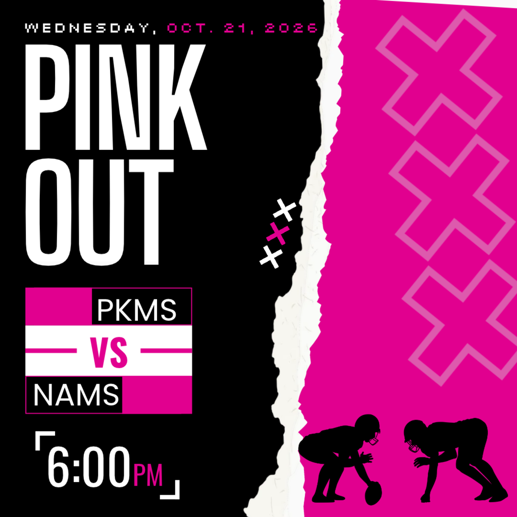Poster with pink, black, and white colors. "PINK OUT" in white text. Date Wednesday, Oct. 21, 2026.
