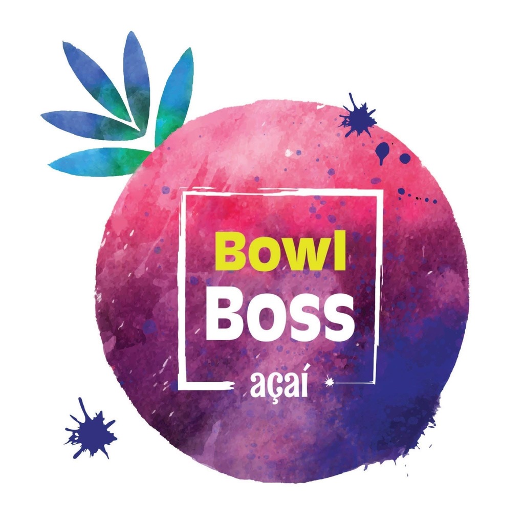 A round logo with "Bowl Boss" in yellow on a pink, purple, and blue watercolor background.