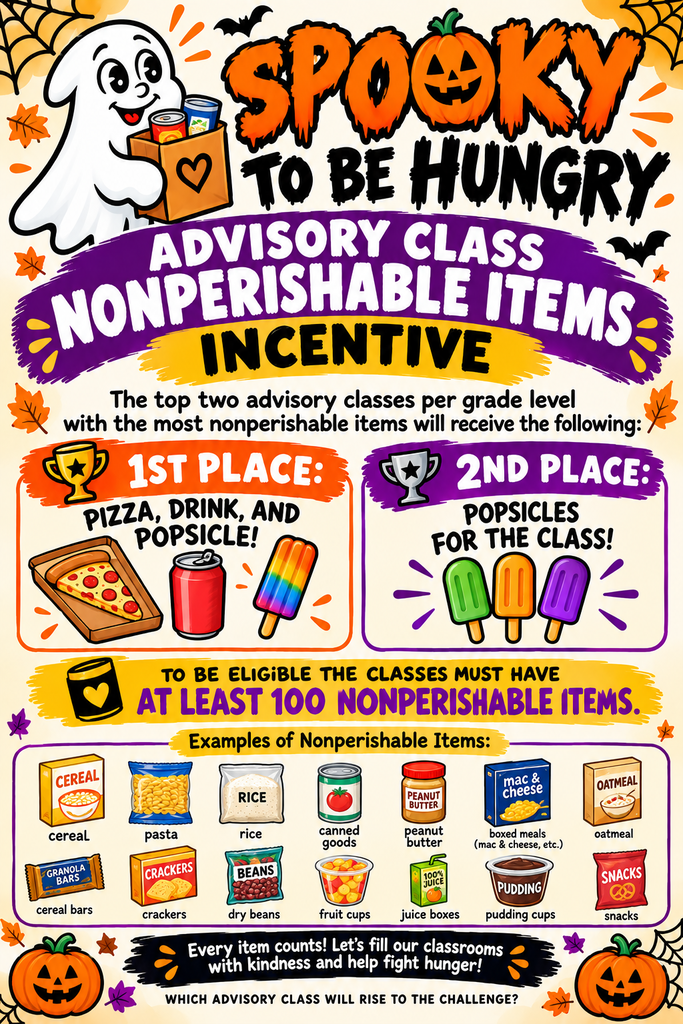 A colorful poster has Halloween-themed graphics, text, and images of food. Items include a pizza slice, popcycle, cereal, crackers, and other snacks.