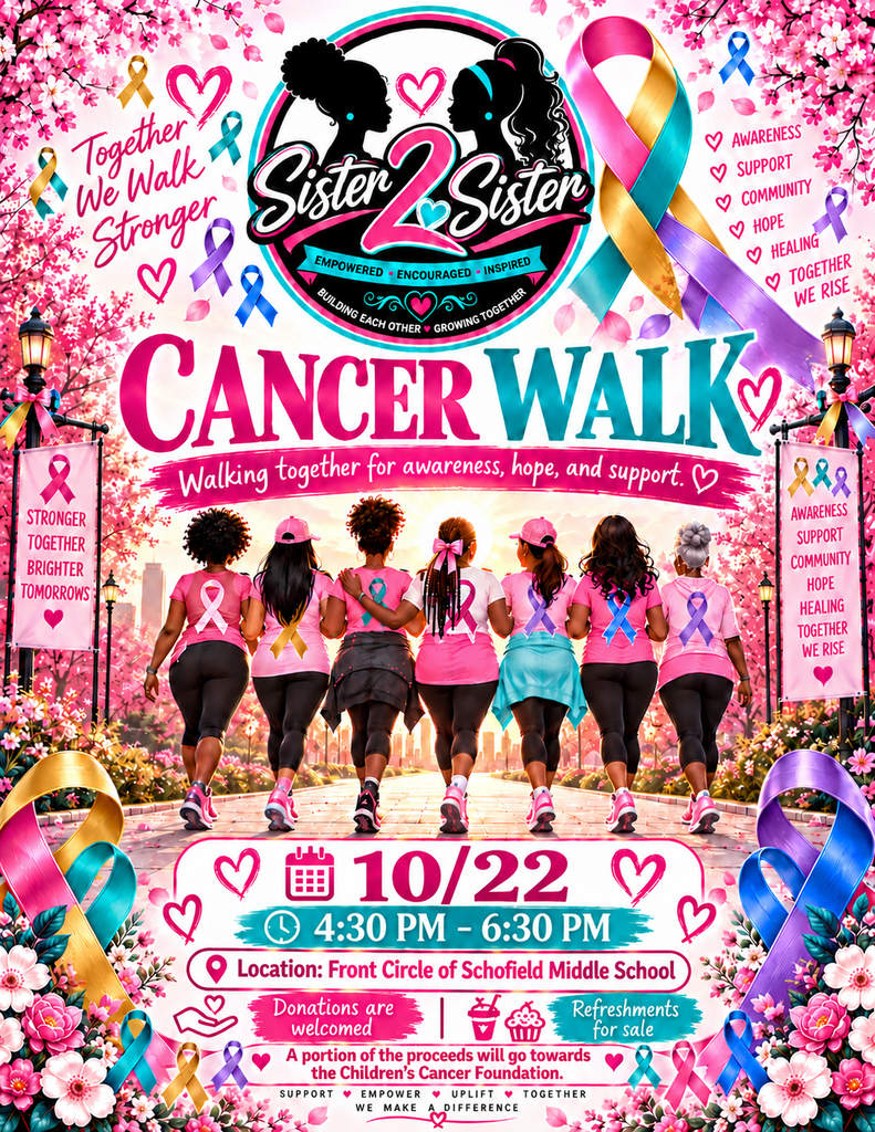 Flyer with a colorful background that contains a picture of women walking