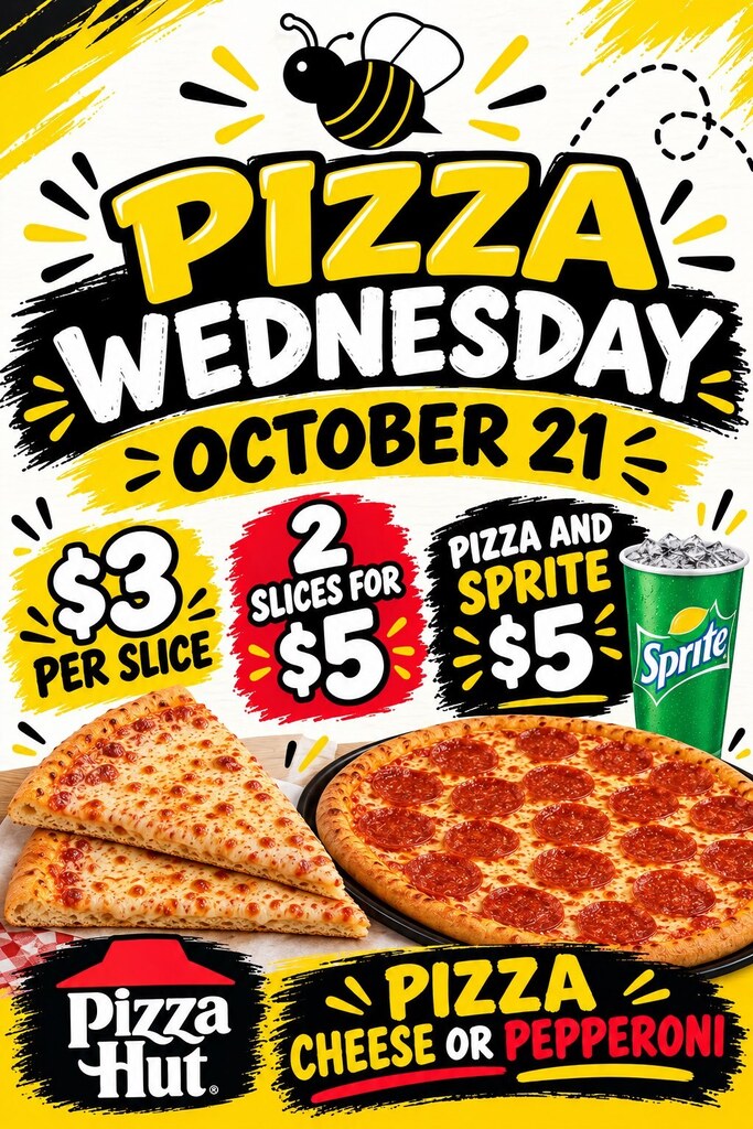 Pizza advertisement for Pizza Hut, featuring two slices of pizza on a black plate, a Sprite can, and a yellow and black background.