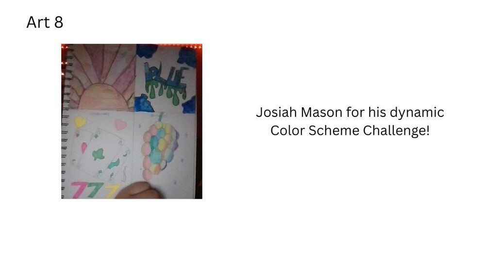 Photo of student art showing sun with vibrant colors, accompanied by the text "Josiah Mason for his dynamic Color Scheme Challenge".