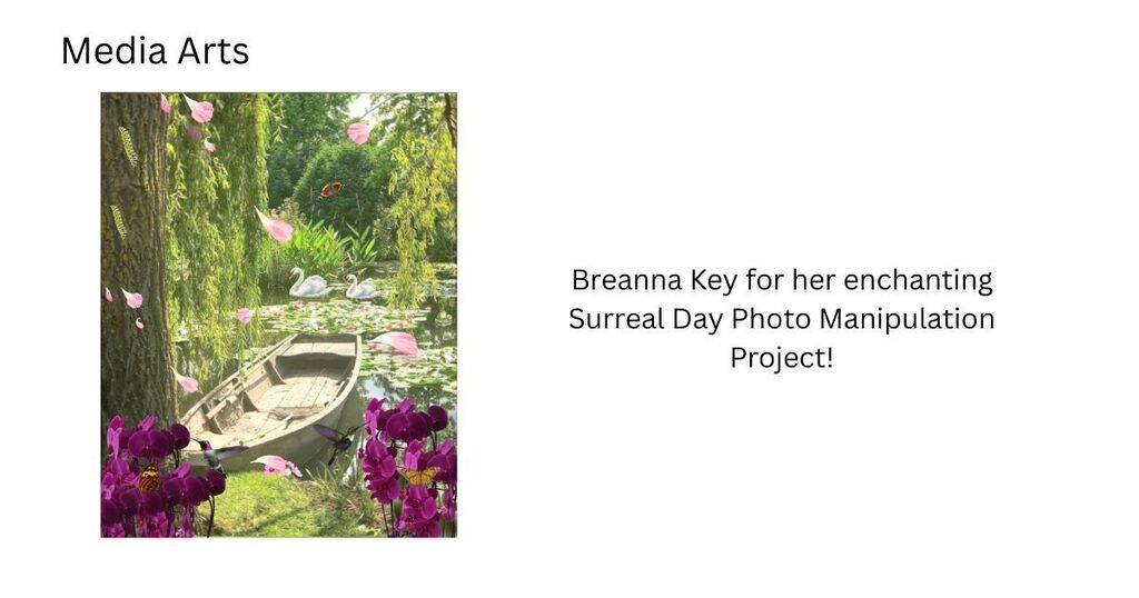 Image features a garden scene with a small boat and flowers; text reads "Brenna Key for her enchanting Surreal Day Photo Manipulation Project!"